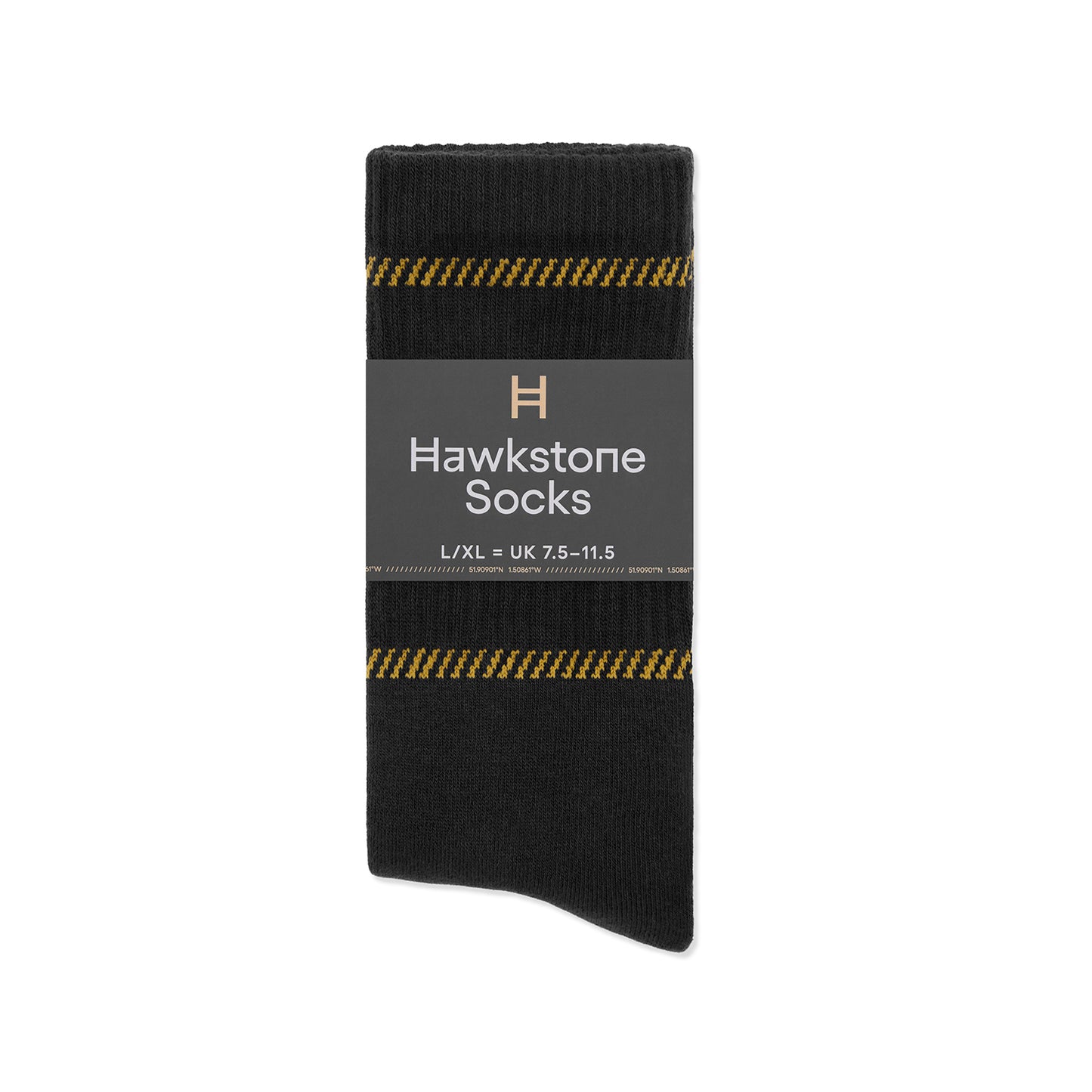 Black sock with gold accents and Hawkstone Socks packaging.