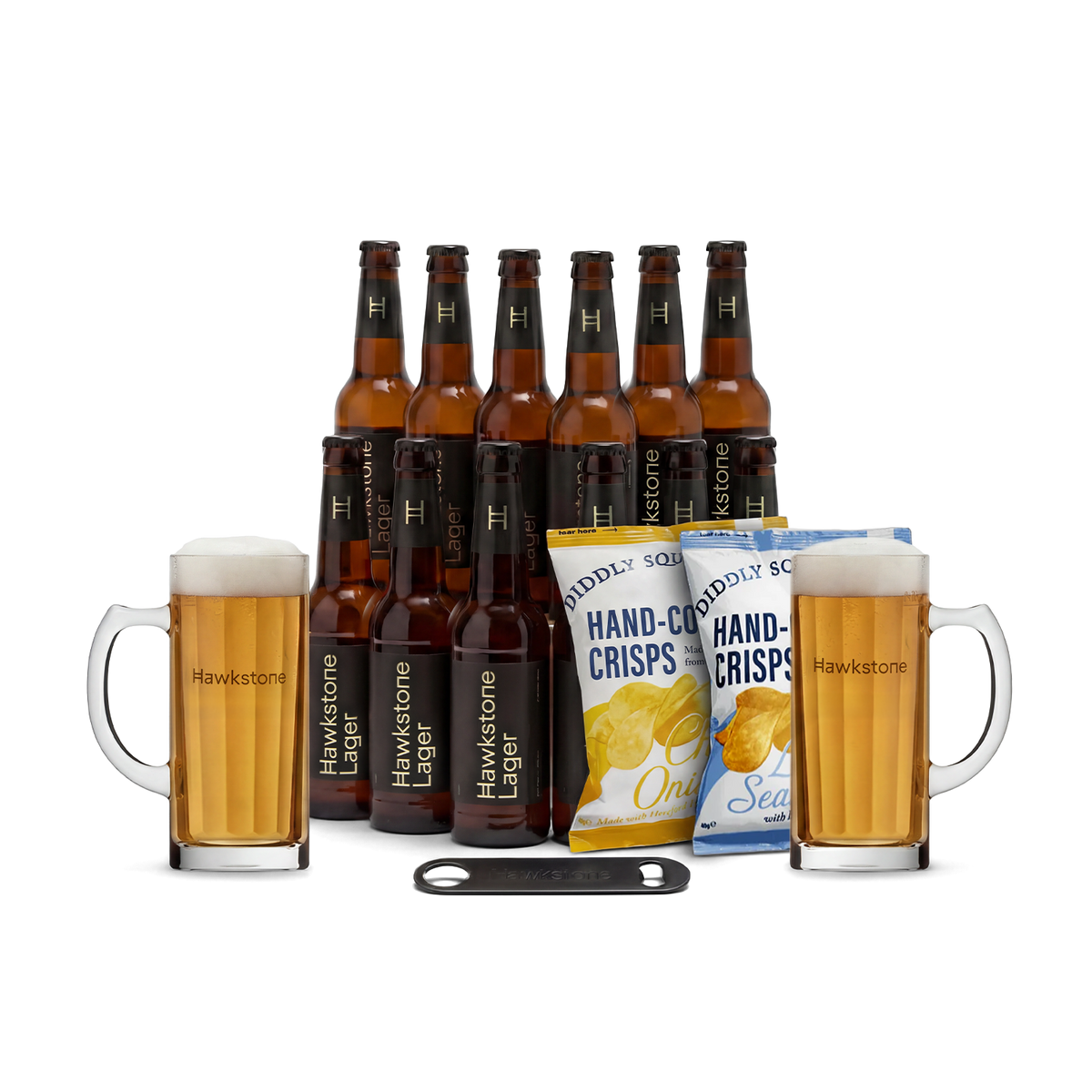 Bottles of Hawkstone Lager with two mugs of beer and packets of crisps on a white background.