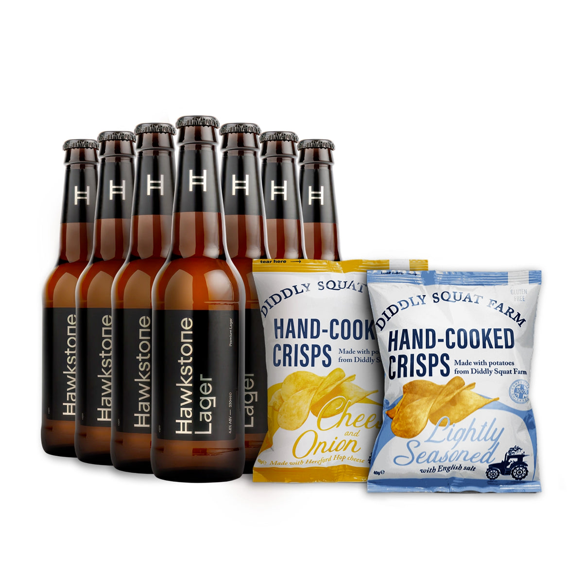 Bottles of Hawkstone Lager and packets of Diddy Squat Farm crisps on a white background