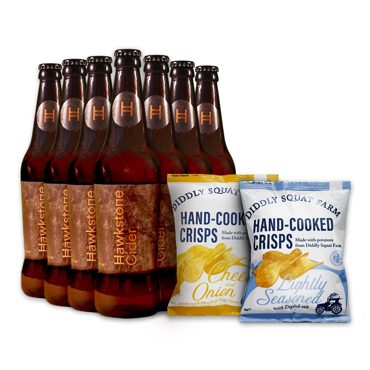 Bottles of Hawkstone Cider with two packets of Diddly Squat Farm hand-cooked crisps on a white background